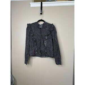 H&M Women's Black Floral Blouse‎ size 8 long sleeve ruffle button down floral